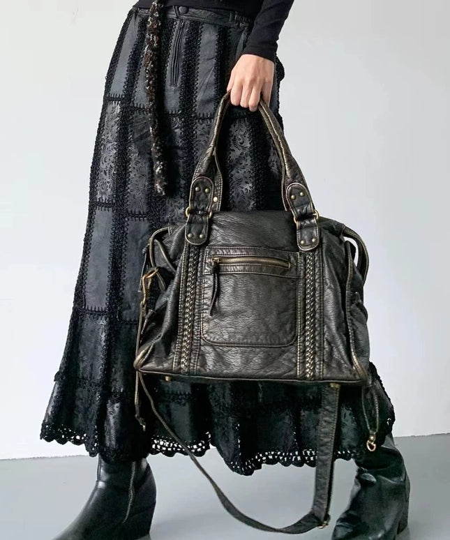 Y2K Spicy Girl One Shoulder Crossbody Bag Vintage Washed Leather Motorcycle Bag Large Capacity Bag