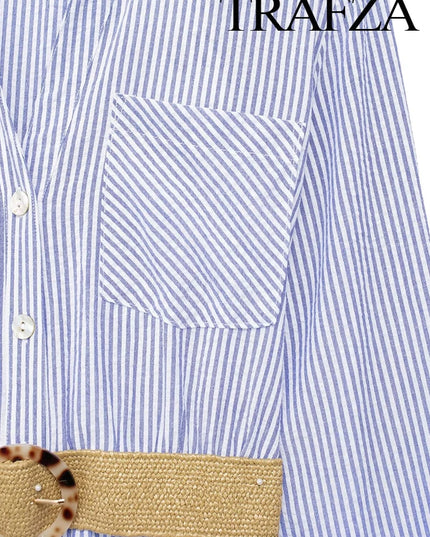 Women's Elegant Rolled Sleeve Blue Striped Shirt Dress Single Breasted Lapel With Belt High Waist Long Sleeve Dresses