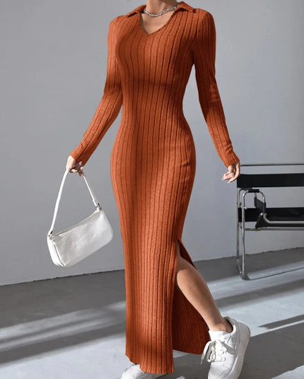 Spring and summer 2024 new style knitted slim lapel long sleeve dress pit strip solid color tight skirt
