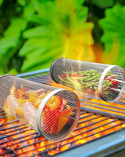 Rolling Bbq Basket- Greatest Grilling Basket Ever, Round Stainless Steel Grill Mesh, Camping Barbecue Rack For Vegetables,Fish