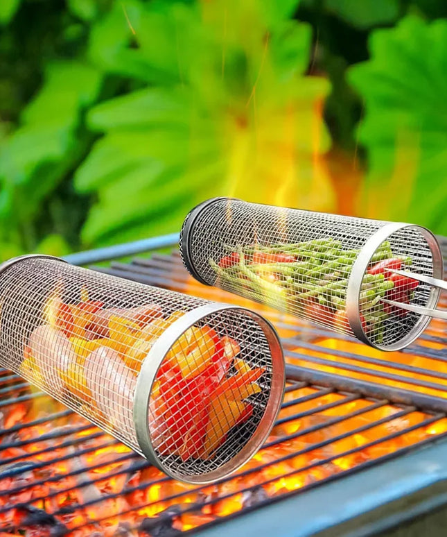 Rolling Bbq Basket- Greatest Grilling Basket Ever, Round Stainless Steel Grill Mesh, Camping Barbecue Rack For Vegetables,Fish