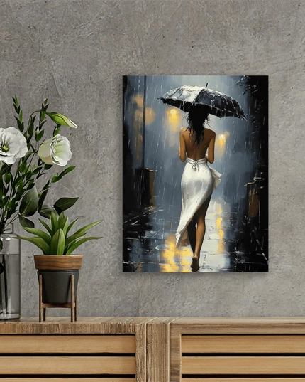 [Elegant Style] Romantic Rainy Night Canvas Art with Wooden Frame–Elegant Umbrella Street Scene, Perfect for Living Room,Bedroom