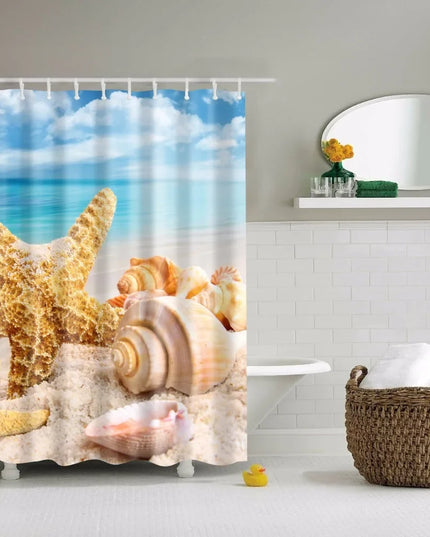 Seaside Scenic Beach Shells Shower Curtains Starfish Conch Blue Board Palm Trees Sunset Nature Scenery Bathroom Curtain Decor