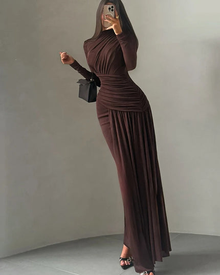 Nibber Folds Maxi Dress Women o-Neck Full Sleeve Solid Banquet Elegant Vacation Fashion Autumn Skinny Casual Simple Vestidos