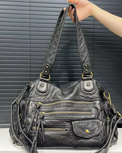 Y2K Hot Girl Single Shoulder Crossbody Bag Vintage Washed Leather Motorcycle Bag Large Capacity Multi Pocket Bag