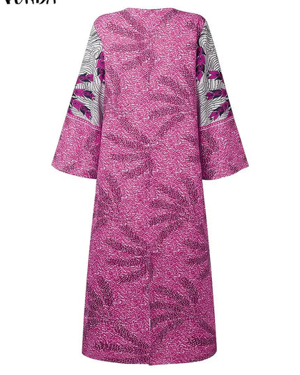Plus Size 5XL VONDA Bohemian Long Dress Women V-Neck Long Sleeve Printed Party Vestidos European and American Vintage Maxi Robe