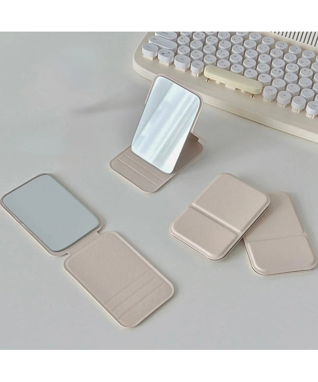 Desktop Makeup Mirror Solid Color PU Leather Simple Portable Handheld Makeup Mirror Foldable Student Compact Cute Pocket Mirror