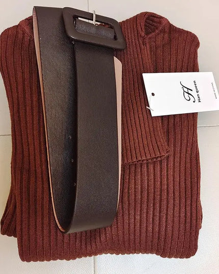 H Han Queen Knitted Turtleneck Sweater Bodycon Dress Bottoming Women Soft Elastic Autumn Winter Midi Party Dresses With Belt