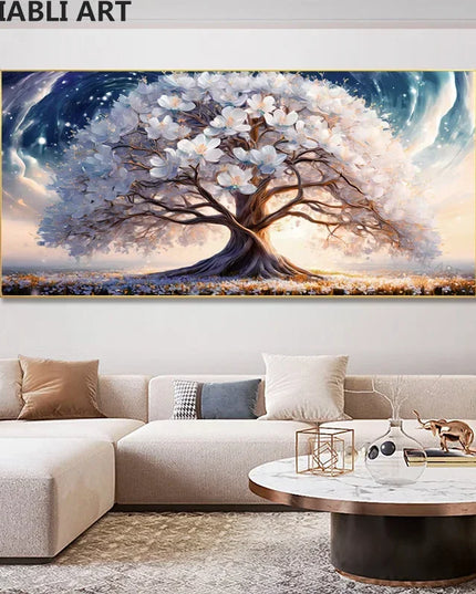 Blooming Tree With Whit Flowers Artistic Canvas Painting,Abstract Wall Art Poster Home Decor Print Picture,Room Decor,Unframed