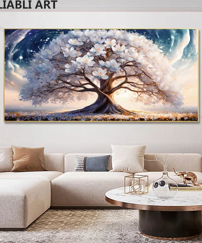 Blooming Tree With Whit Flowers Artistic Canvas Painting,Abstract Wall Art Poster Home Decor Print Picture,Room Decor,Unframed
