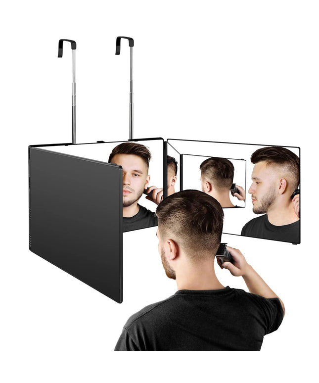 S Travel Portable 360 Trifold Vanity Makeup Mirror with Height Adjustable Telescoping Hook for Hair Self Cutting Fordable Mirror