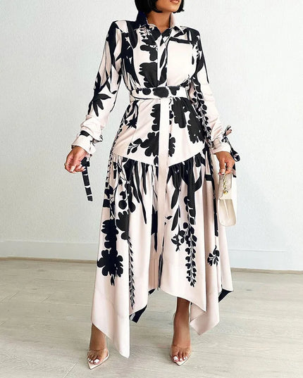 Elegant Printed Dresses Woman 2024 Turn Down Collar Single Breasted Full Sleeve Asymmetric Ankle Length Fashion Birthday Dress