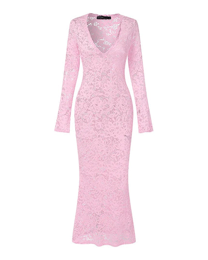 ZANZEA Women's Sexy Tight Clubbing Party Dresses Deep-V Neck Long Sleeve See-Through Lace Bodycon Long Dress Plus Size 5XL