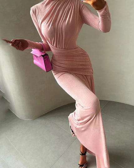 Nibber Folds Maxi Dress Women o-Neck Full Sleeve Solid Banquet Elegant Vacation Fashion Autumn Skinny Casual Simple Vestidos
