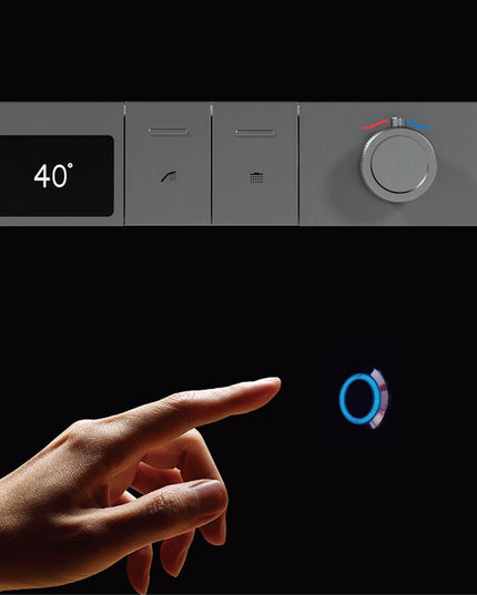 Luxury gun gray brass LED digital display shower system with wall mounted design, simple bathroom faucet for hot and cold water