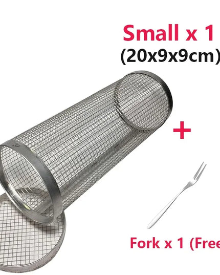 Rolling Bbq Basket- Greatest Grilling Basket Ever, Round Stainless Steel Grill Mesh, Camping Barbecue Rack For Vegetables,Fish