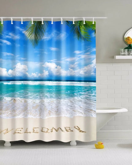 Seaside Scenic Beach Shells Shower Curtains Starfish Conch Blue Board Palm Trees Sunset Nature Scenery Bathroom Curtain Decor