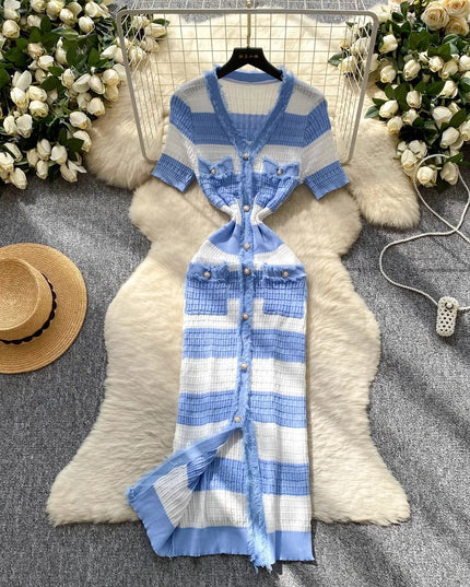 YuooMuoo Chic Fashion Sexy Package Hips Knitted Long Dress 2025 Spring and Summer Elegant Slim Waist Office Lady Sweater Dress