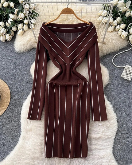 YuooMuoo Chic Fashion Elegant Wrap Hip Knitted Autumn Dress Women Vintage Slim Waist Stripes Bodycon Sweater Dress Lady Vestidos