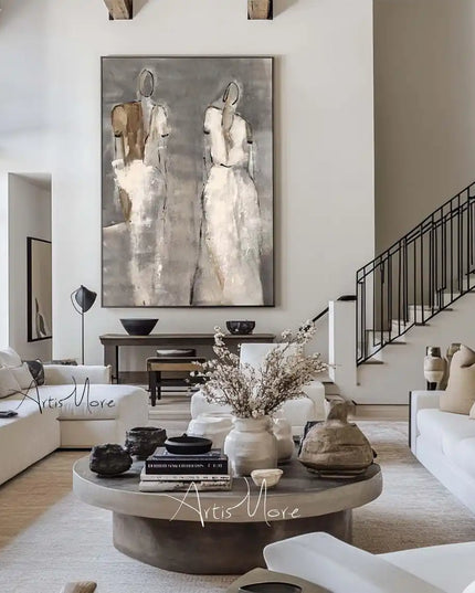 Mhemyo Wabi Sabi Wall Art Woman Figure Hand Painted Painting Large Grey Beige Textured Painting Vintage Figurative Canvas Art