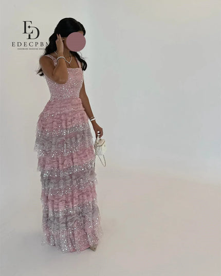 EDECPBM Pink Women Evening Dress Luxurious Evening Dresses 2025 Luxury Vestidos De Festa Sequins Multi-layer فساتين سهرة Prom