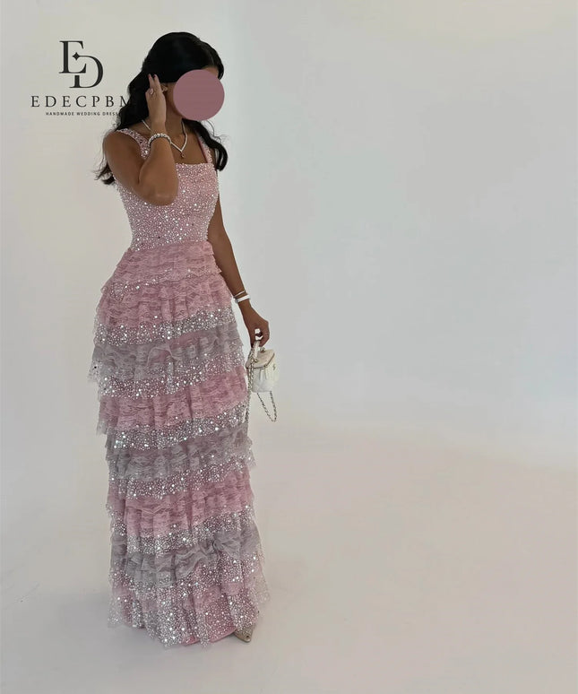 EDECPBM Pink Women Evening Dress Luxurious Evening Dresses 2025 Luxury Vestidos De Festa Sequins Multi-layer فساتين سهرة Prom