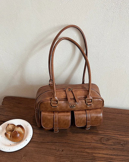 Women's Coffee Brown Multi-Pocket Handbag Shoulder Bag, Stylish Versatile Letter Crossbody Purse for Travel Work Shopping Dates