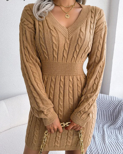 VigoCasey 2025 V Neck Casual Short Knit Dress Autumn Winter Women Solid Long Sleeve Dress Lady Khaki Bodycon Knitted Dresses
