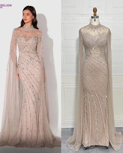 Luxury Saudi Arabia Mermaid Beaded Cape Sleeves High-Neck Evening Dresses 2025 Dubai Party Gowns for Women Wedding Customized