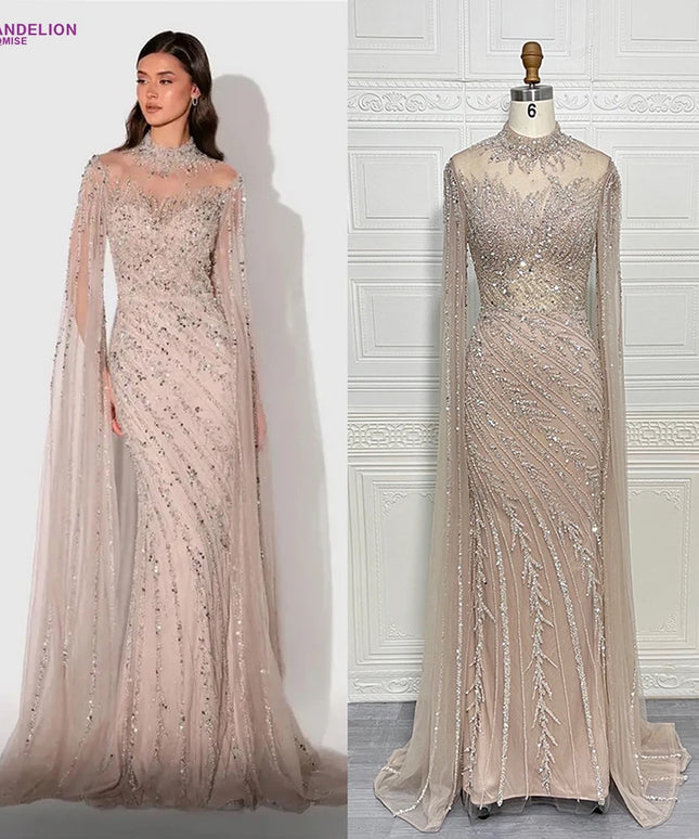 Luxury Saudi Arabia Mermaid Beaded Cape Sleeves High-Neck Evening Dresses 2025 Dubai Party Gowns for Women Wedding Customized