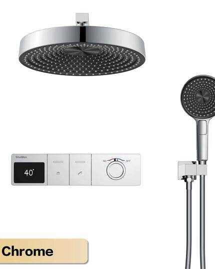 Luxury gun gray brass LED digital display shower system with wall mounted design, simple bathroom faucet for hot and cold water