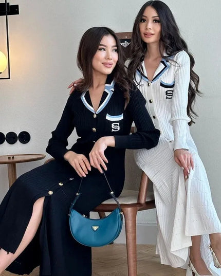 YuooMuoo Elegant Embroidery Letter Knitted Maxi Dress Autumn Winter Brand Fashion Lady Notched Black Sweater Dress Office Robes