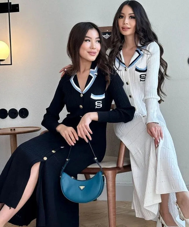 YuooMuoo Elegant Embroidery Letter Knitted Maxi Dress Autumn Winter Brand Fashion Lady Notched Black Sweater Dress Office Robes