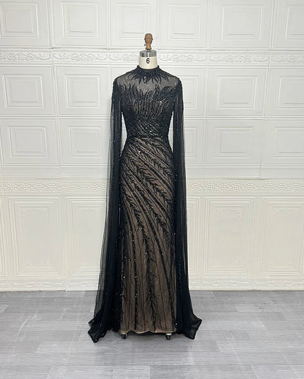 Luxury Saudi Arabia Mermaid Beaded Cape Sleeves High-Neck Evening Dresses 2025 Dubai Party Gowns for Women Wedding Customized
