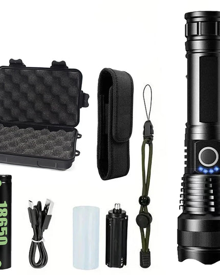 High Power Strong Light Long Range LED Flashlight USB Rechargeable Defense Flashlight Outdoor Telescopic Zoom Super Bright Torch