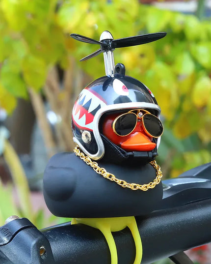 Cool Black Rubber Duck Toy Bike Car Ornaments Dashboard Decorations Squeeze Duck Bicycle Horns with Propeller Helmet for Kids