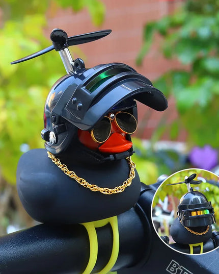 Cool Black Rubber Duck Toy Bike Car Ornaments Dashboard Decorations Squeeze Duck Bicycle Horns with Propeller Helmet for Kids