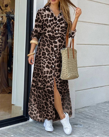 ZANZEA Plus Size Women's Leopard Print Long Dresses Stylish Long Sleeve Button Up Collared Shirt Dress 2025 Autumn Commuting 5XL