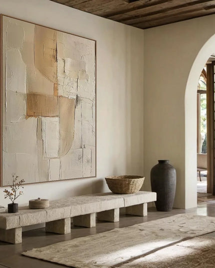 3D Beige Large Canvas Abstract Handmade Oil Painting Brown Simple Wall Art Textured Geometric Art Wall Decor Living Room Decor