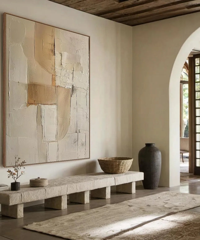 3D Beige Large Canvas Abstract Handmade Oil Painting Brown Simple Wall Art Textured Geometric Art Wall Decor Living Room Decor