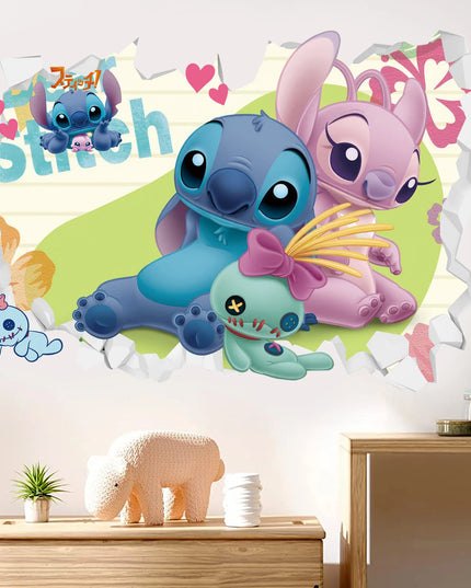 3D Broken Wall Lilo & Stitch Wall Stickers For Kid's Room Kindergarten Living Room Bedroom Wall Decoration Animated Poster