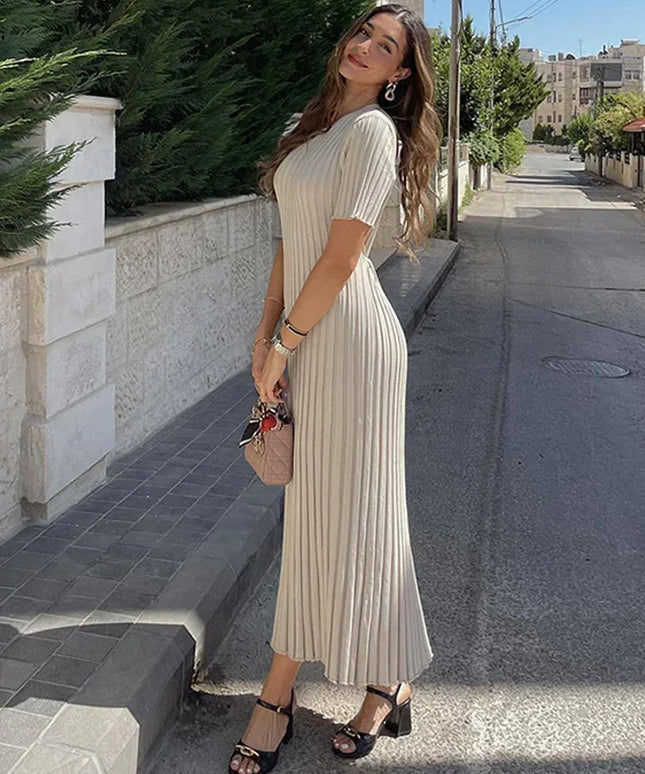 Ladies Knitted Short Sleeve Pleated Long Dress Fashion Spring Summer Women Dress Hip Package O Neck Female Vestidos