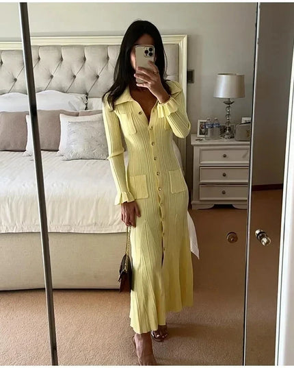 Winter Knitted Dress Women 2025 New Long Sleelve Ruffles Single Breasted Long Dresses Female Party Fashion Sweater Vestidos