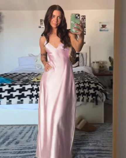 HH Pink Stain Sling Dresses Women Elegant V Neck Sleeveless Backless Slim Long Dress 2025 Summer Lady Party Holiday Dress