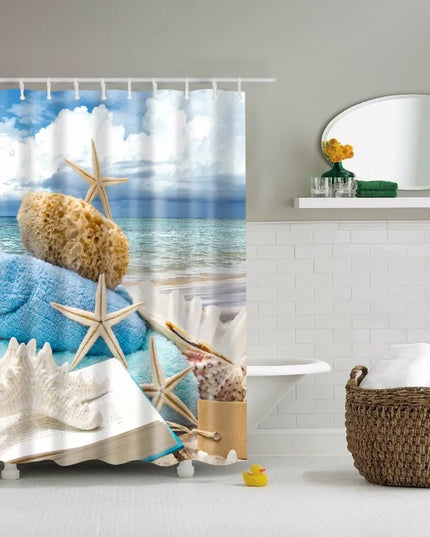 Seaside Scenic Beach Shells Shower Curtains Starfish Conch Blue Board Palm Trees Sunset Nature Scenery Bathroom Curtain Decor