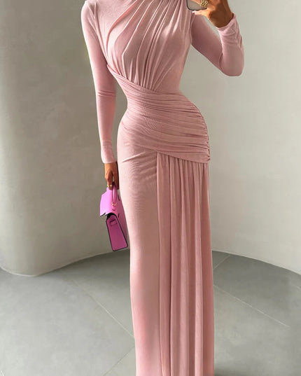 Nibber Folds Maxi Dress Women o-Neck Full Sleeve Solid Banquet Elegant Vacation Fashion Autumn Skinny Casual Simple Vestidos