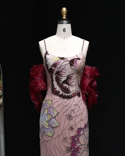 Sharon Said Luxury Pink Floral Beaded Evening Dress with Burgundy Shawl Cape Elegant Party Dress for Women SS515 Customized