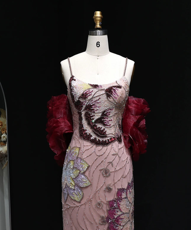 Sharon Said Luxury Pink Floral Beaded Evening Dress with Burgundy Shawl Cape Elegant Party Dress for Women SS515 Customized