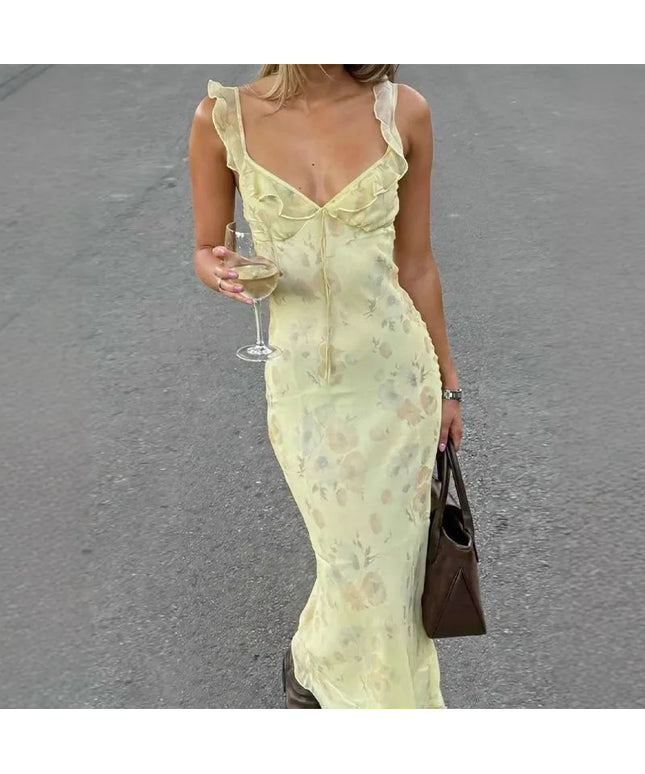 Summer Flower Printed Women's Sexy Low-cut Dress Sleeveless Backless Slim Sling Dresses 2025 Beach Vacation Lady Vestidos