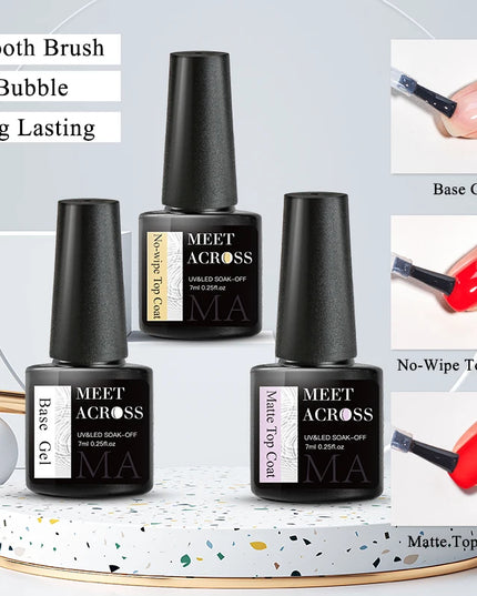 MEET ACROSS 7ml Base Top Coat Gel Polish Soak Off Semi Permanent UV Gel Nail Art Varnish Base Gel Top Coat Gel Varnish Manicure